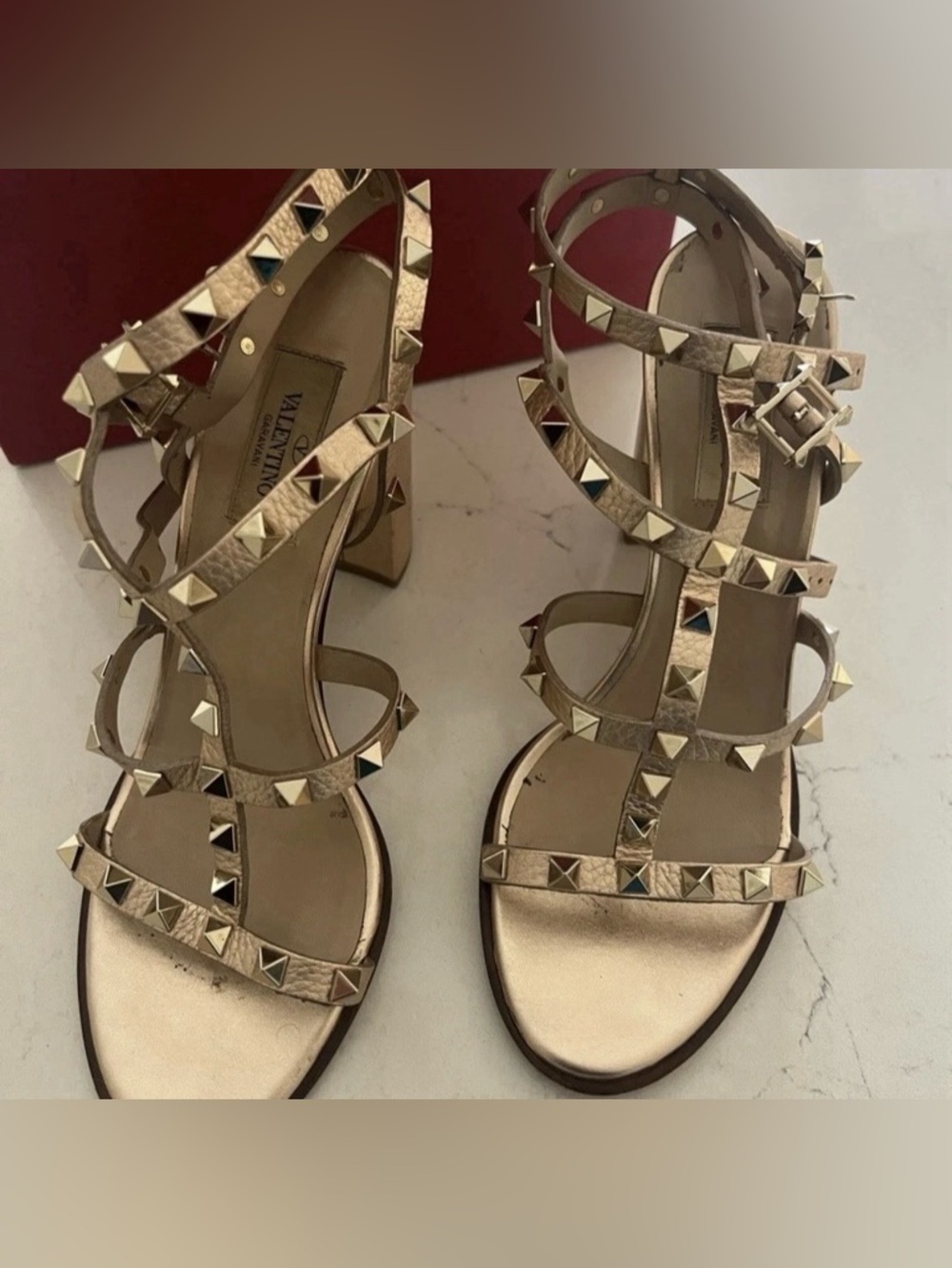 Valentino Garavani Metallic Gold Rockstud Strappy Block Heels